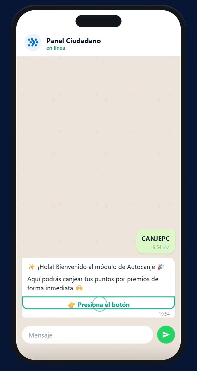 Paso 2: el chat te responde con el módulo de Autocanje; presiona el botón